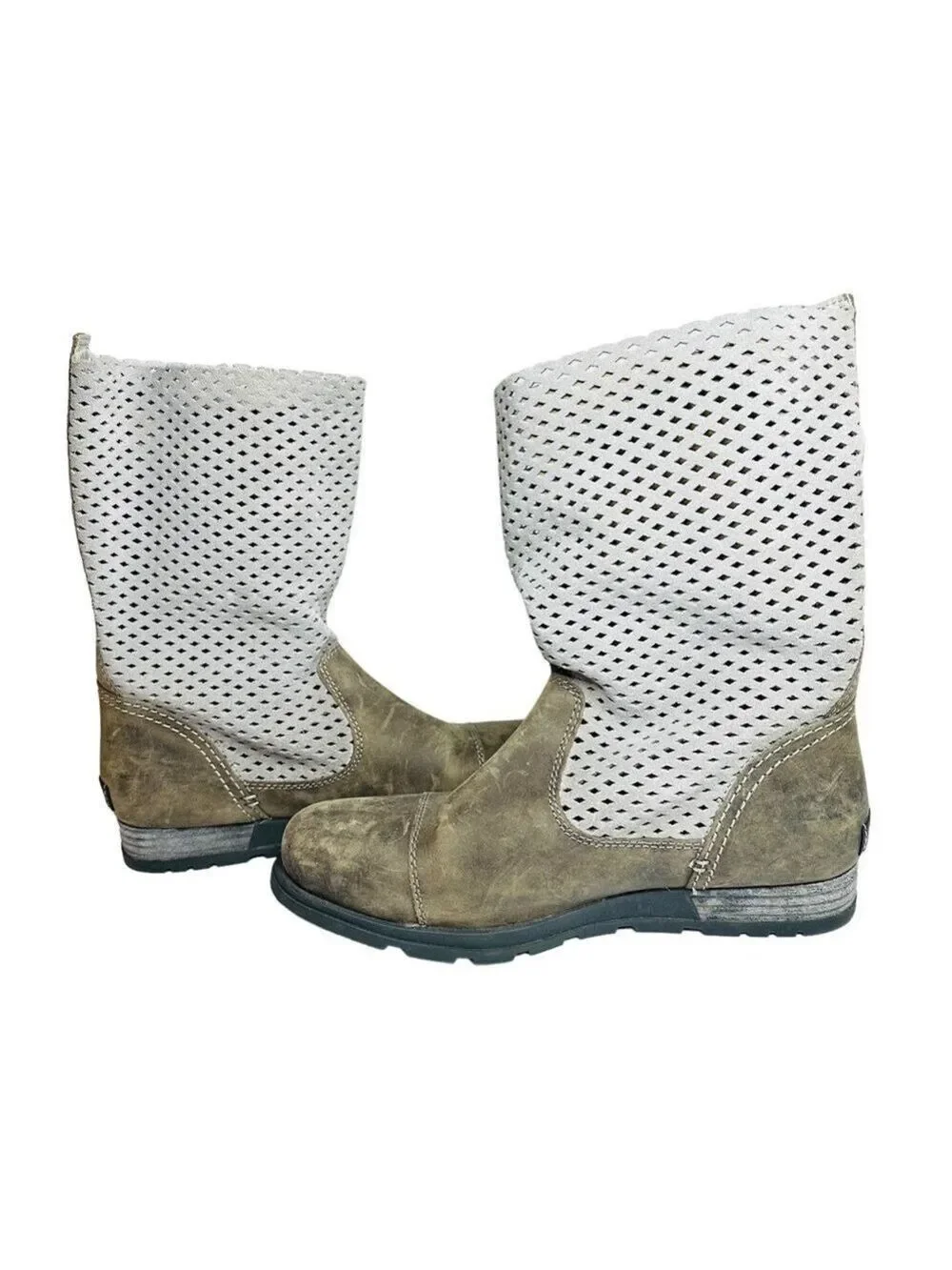 Sorel Major Pull On Perforated Laser Cut Leather Boots Beige &‎ Gray Women’s 8.5